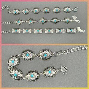 Faux Turquoise and Silver Tone Concho Chain Bracelet #1444